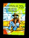 A stamp printed in Australia shows an image of Waltzing Matilda once a Jolly Swagman camped by a billabong on value at 22 cent.